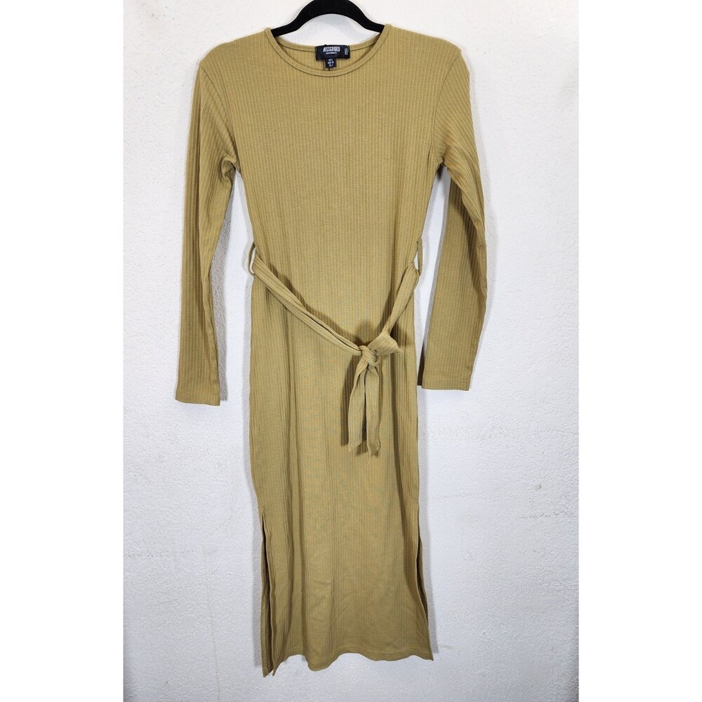 Missguided Maternity Dress Women's 4 Mustard Yellow Ribbed Knit Tie Waist Midi
